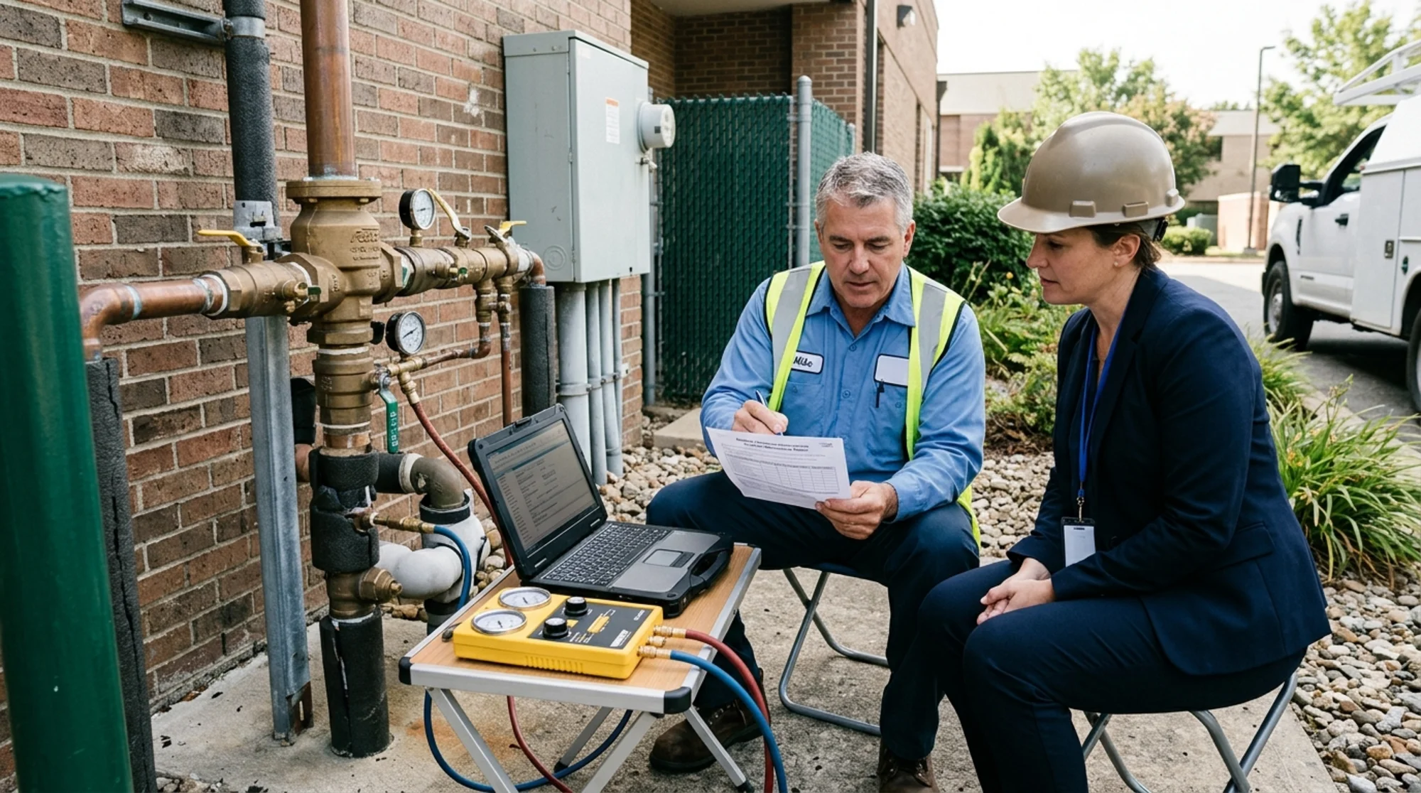Certified backflow tester and property manager reviewing a completed test report beside a laptop and outdoor backflow assembly