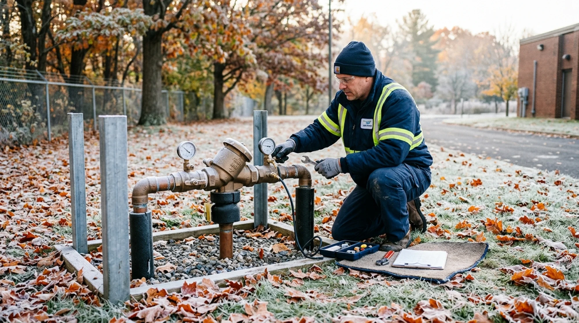 Technician checking outdoor backflow preventer with frost on the ground and autumn leaves visible