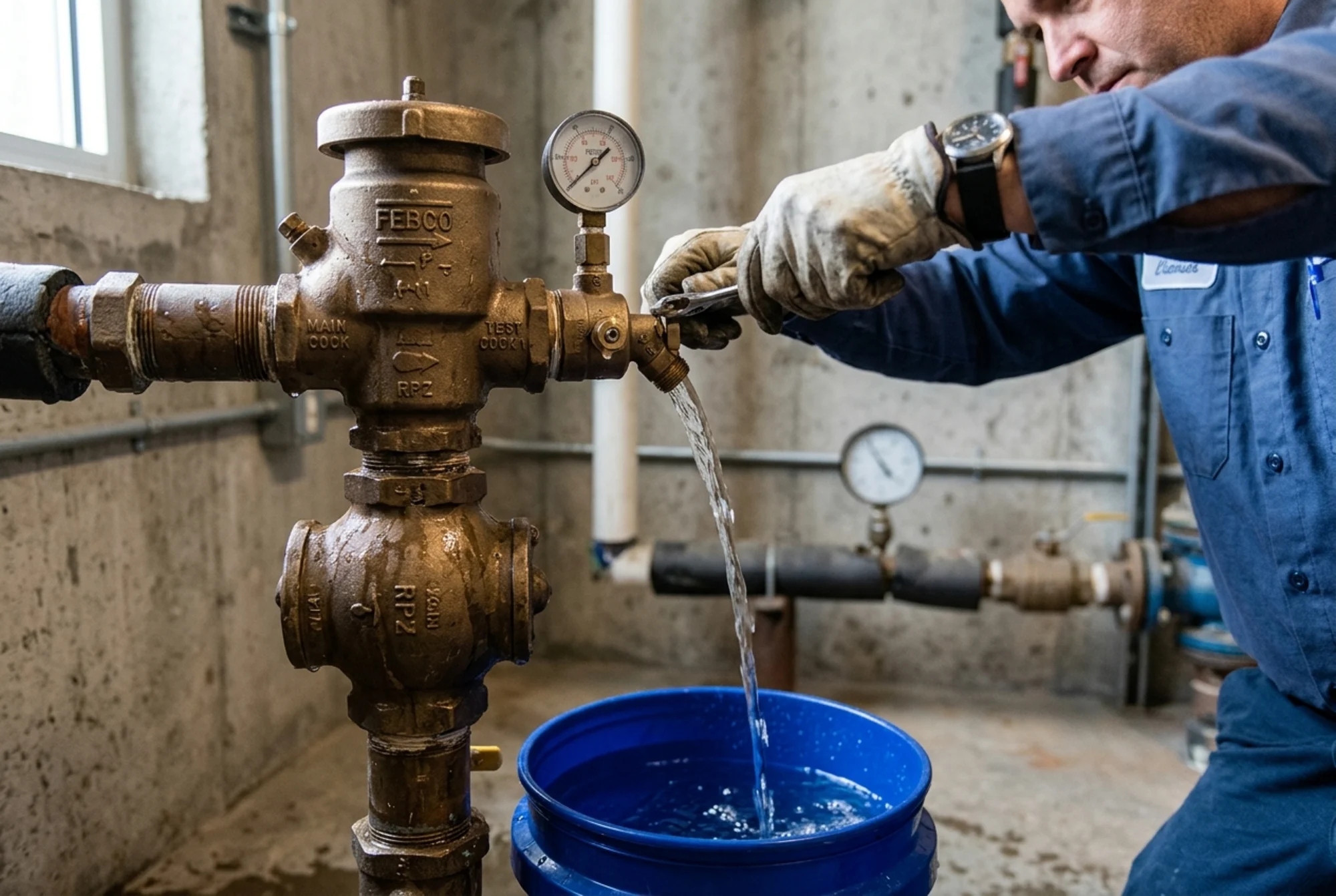 Close-up of backflow preventer test cocks being opened with water draining into a bucket below